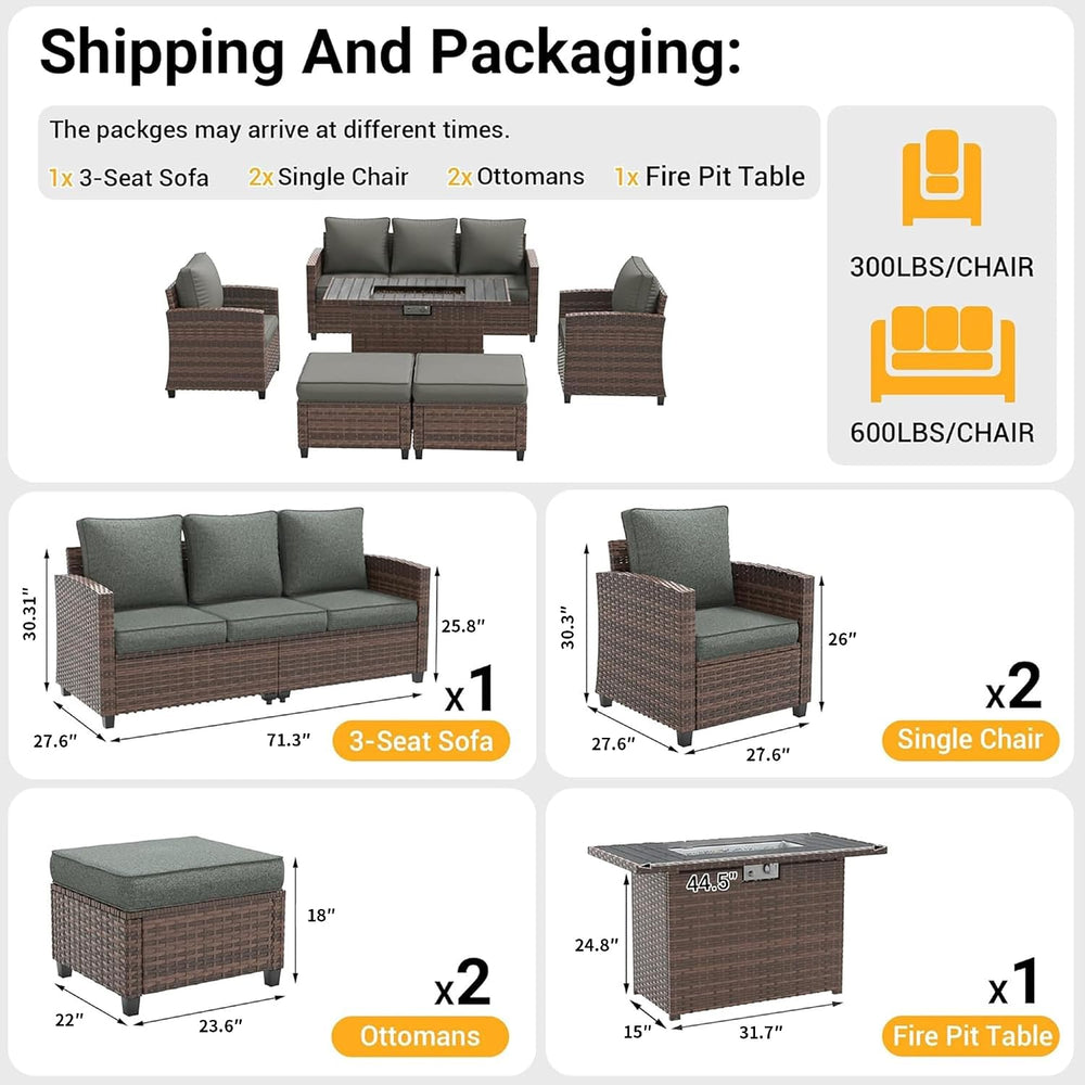 6 PCS Patio Furniture Set with Fire Pit,Rattan Patio Set,Dark Grey
