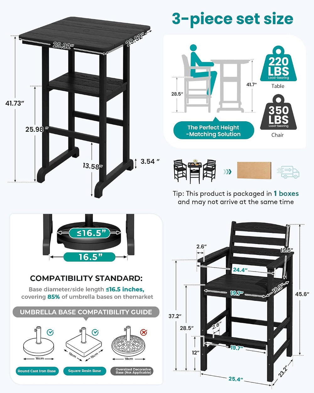 SERWALL 3 Pcs HDPE Bar Height Chairs and Double Layer Pub Table Set, Black