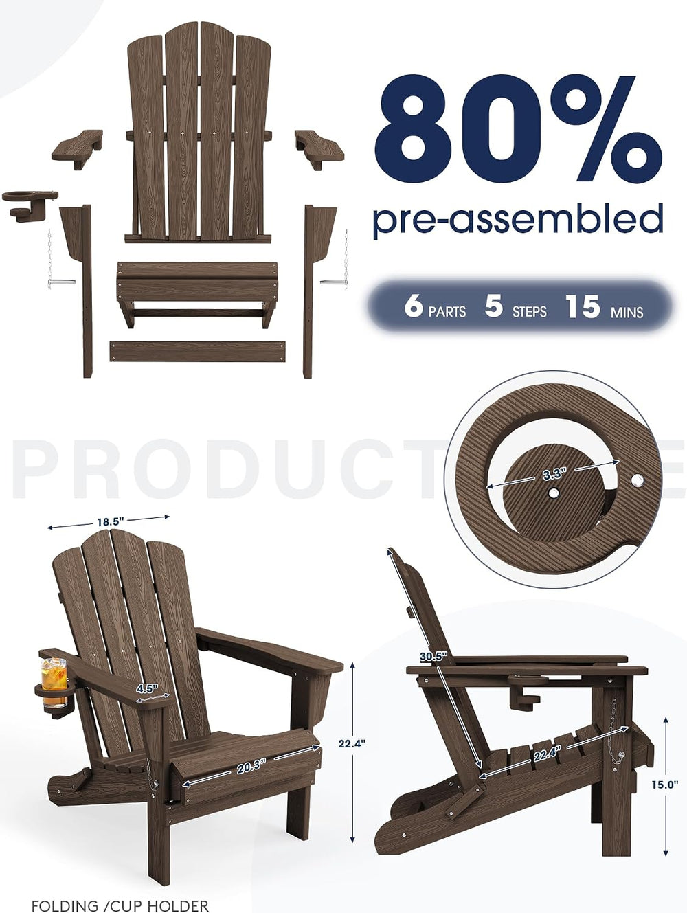 KINGYES Folding Adirondack Chair Set of 2 with Cup Holder, Coffee