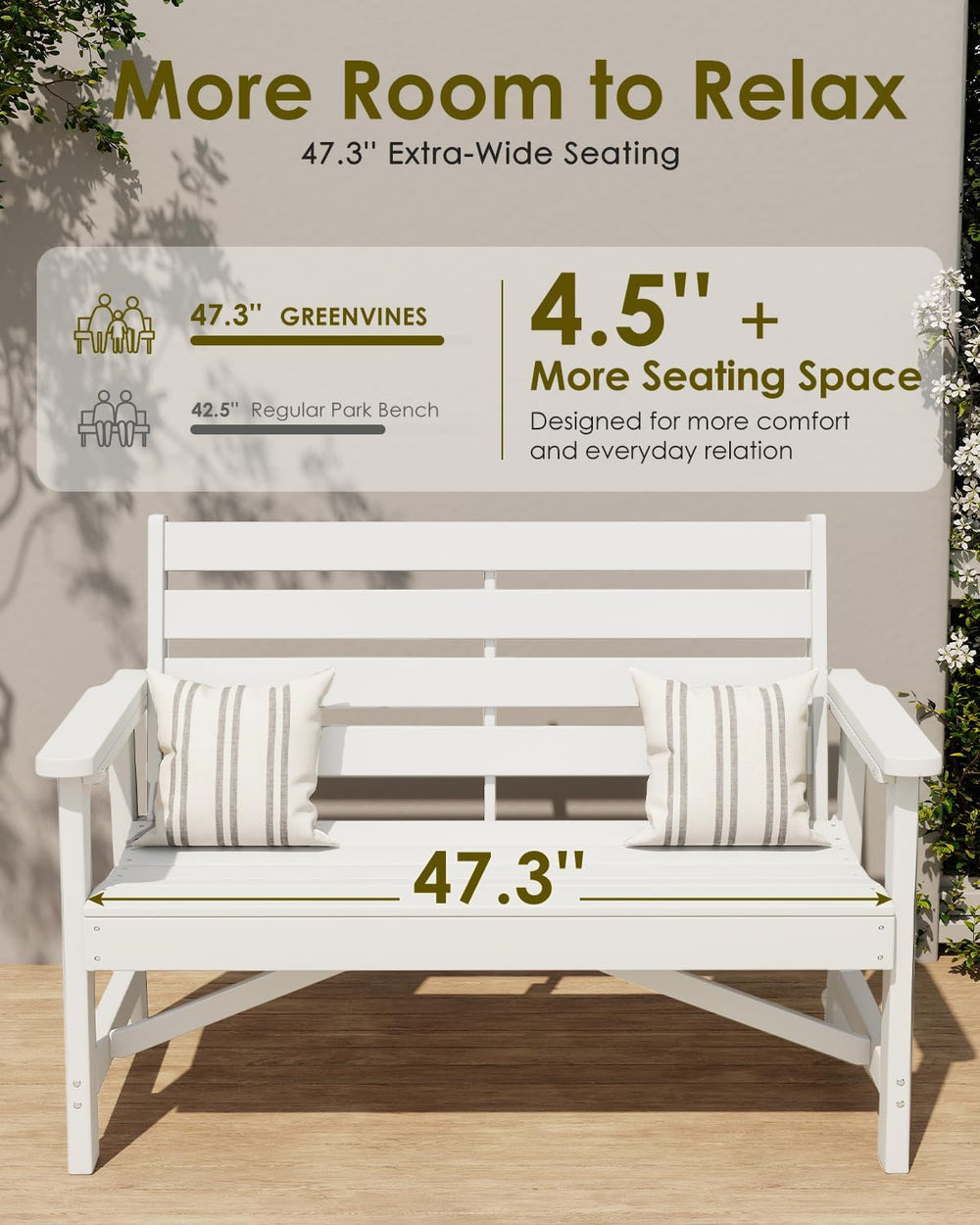 GREENVINES Outdoor Bench, 2-Person HDPE Garden Benches, White