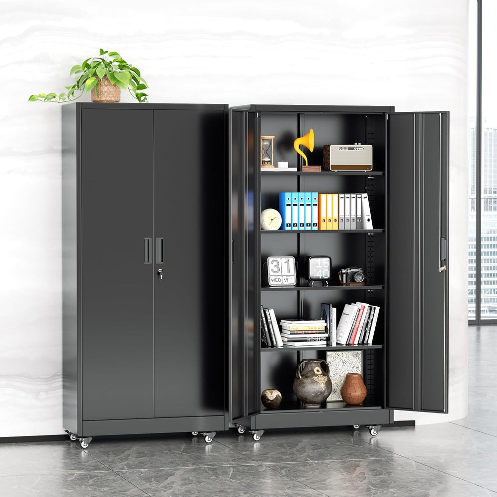 Garage Cabinets with Wheels, 73" H Metal Locking Cabinet with 2 Doors an...