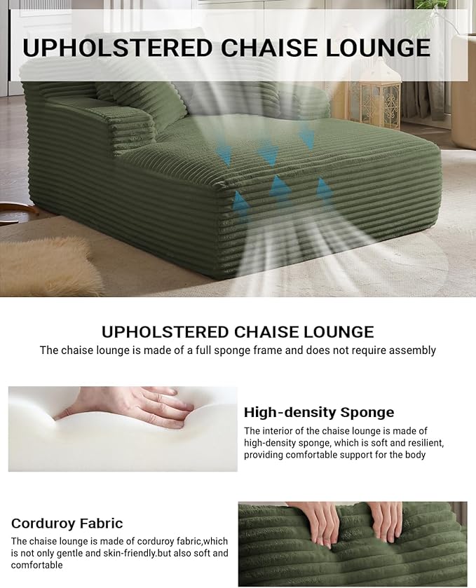 67 Inch Chaise Lounge Chair Indoor, Oversized Corduroy Upholstered Boneless S...