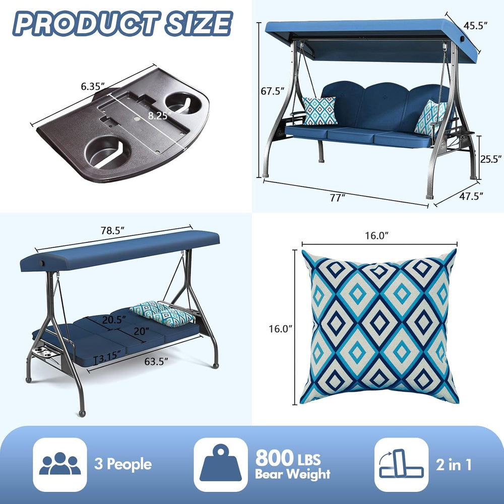ZZW 3 Seat Outdoor Porch Patio Swing with Stand 800lbs 2-in-1 Convertible Swi...