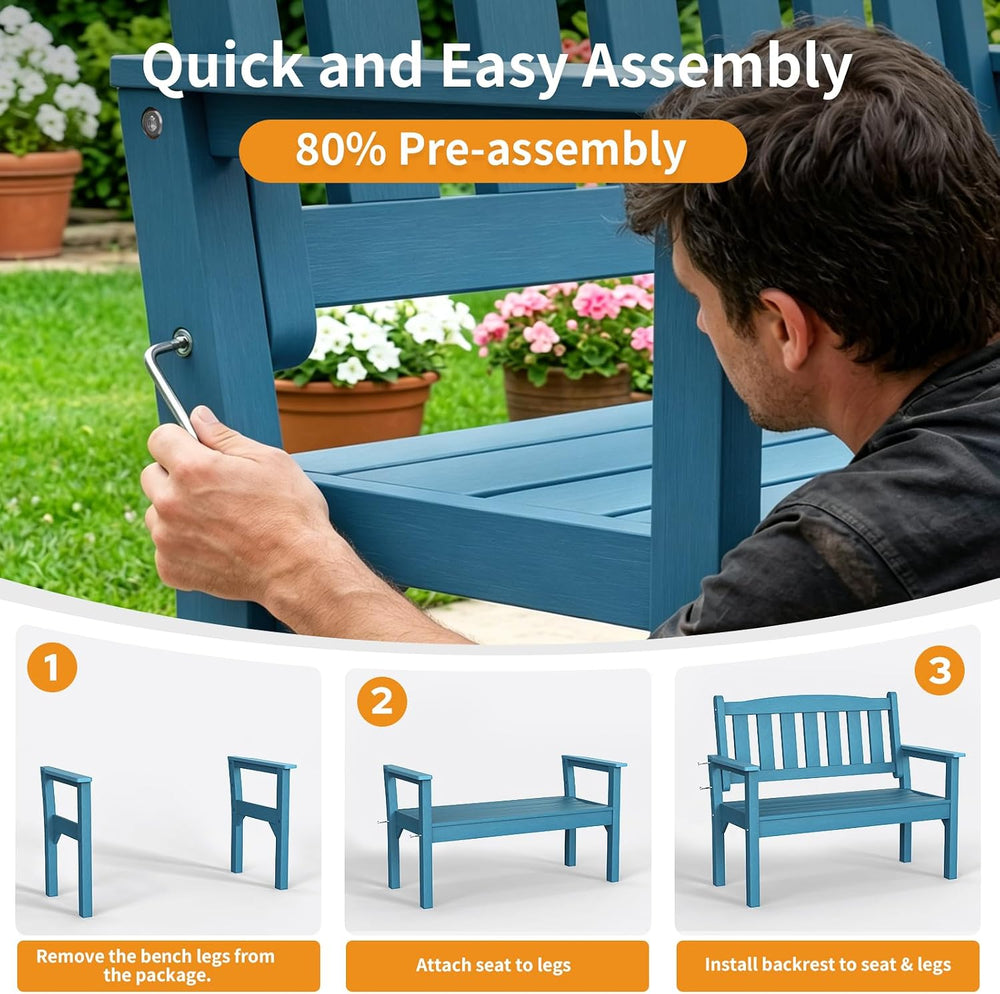 2-Person Poly Lumber Outdoor Bench with 700 Lbs Capacity, Blue