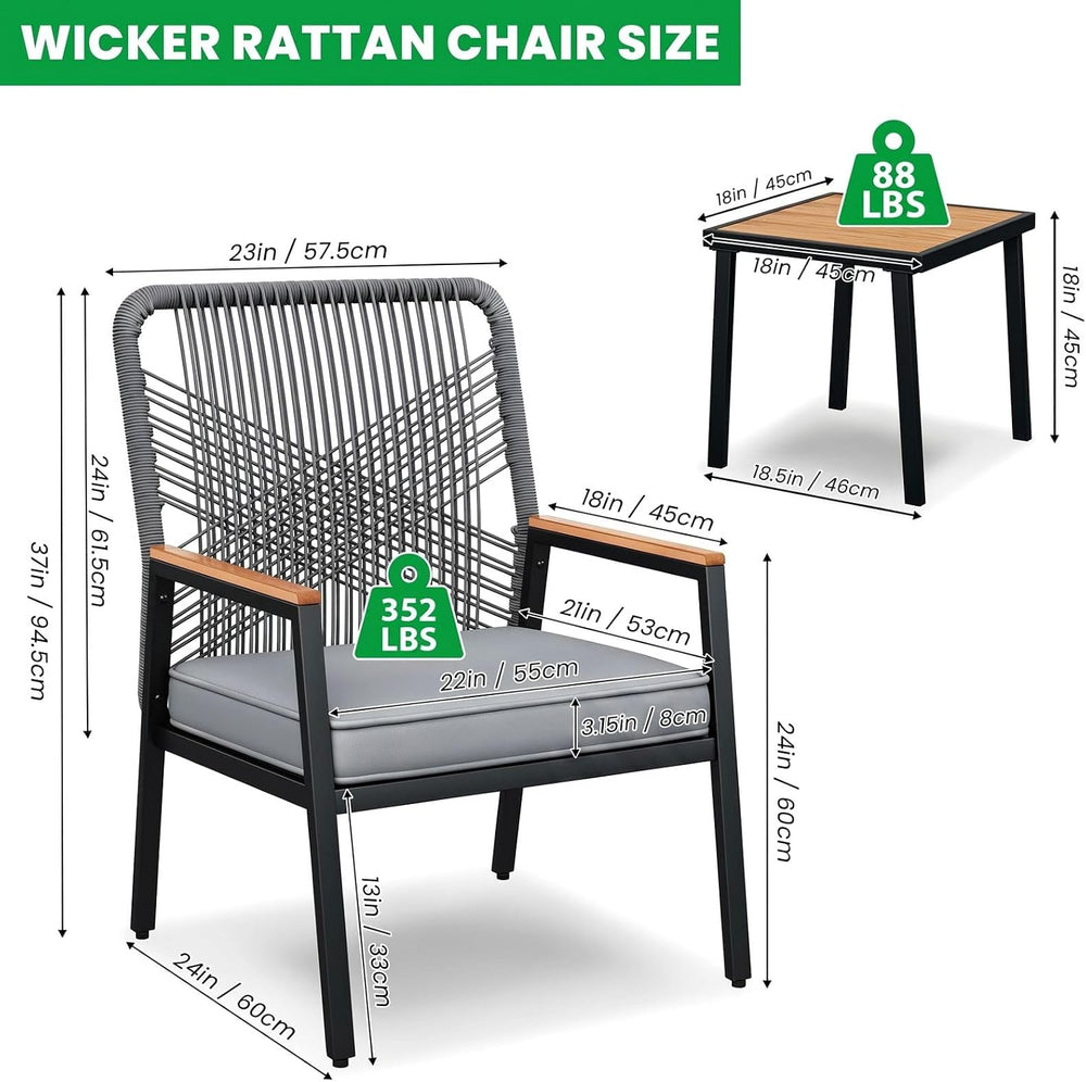 LIFERUN 3-Piece Rattan Patio Set with 2 Chairs and Table, Gray