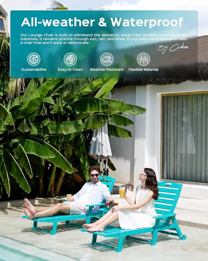 Lounge Chair Outdoor, Oversized Chaise Lounge Chair with 5 Positions, HDPE, P...
