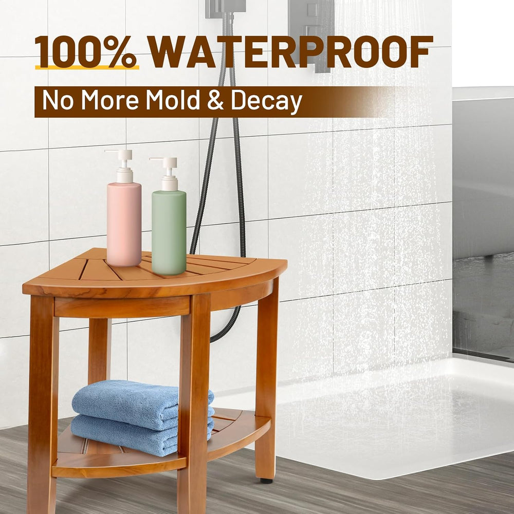 18" Premium Teak Corner Shower Bench with Shelf, Solid Teak Shower Stool...