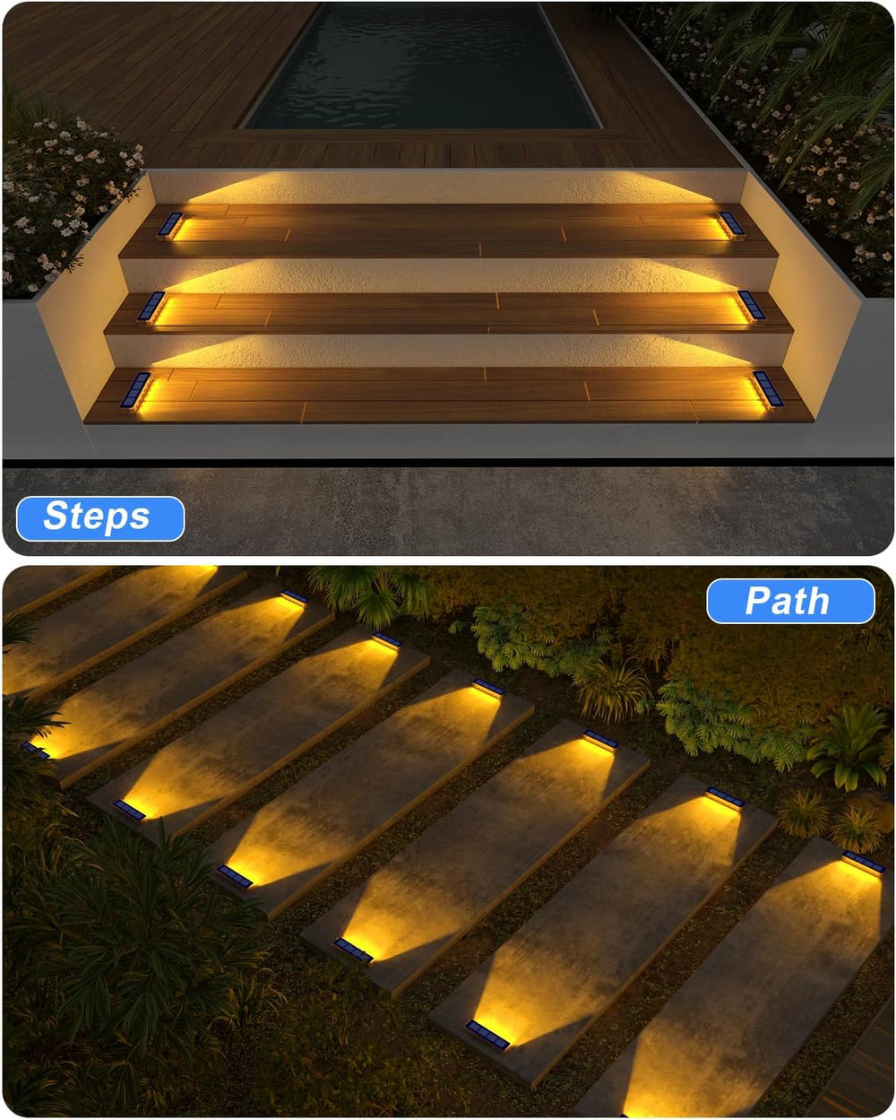 DetarZinLED Solar Step Lights Outdoor IP68 Waterproof 4 Pack Warm White