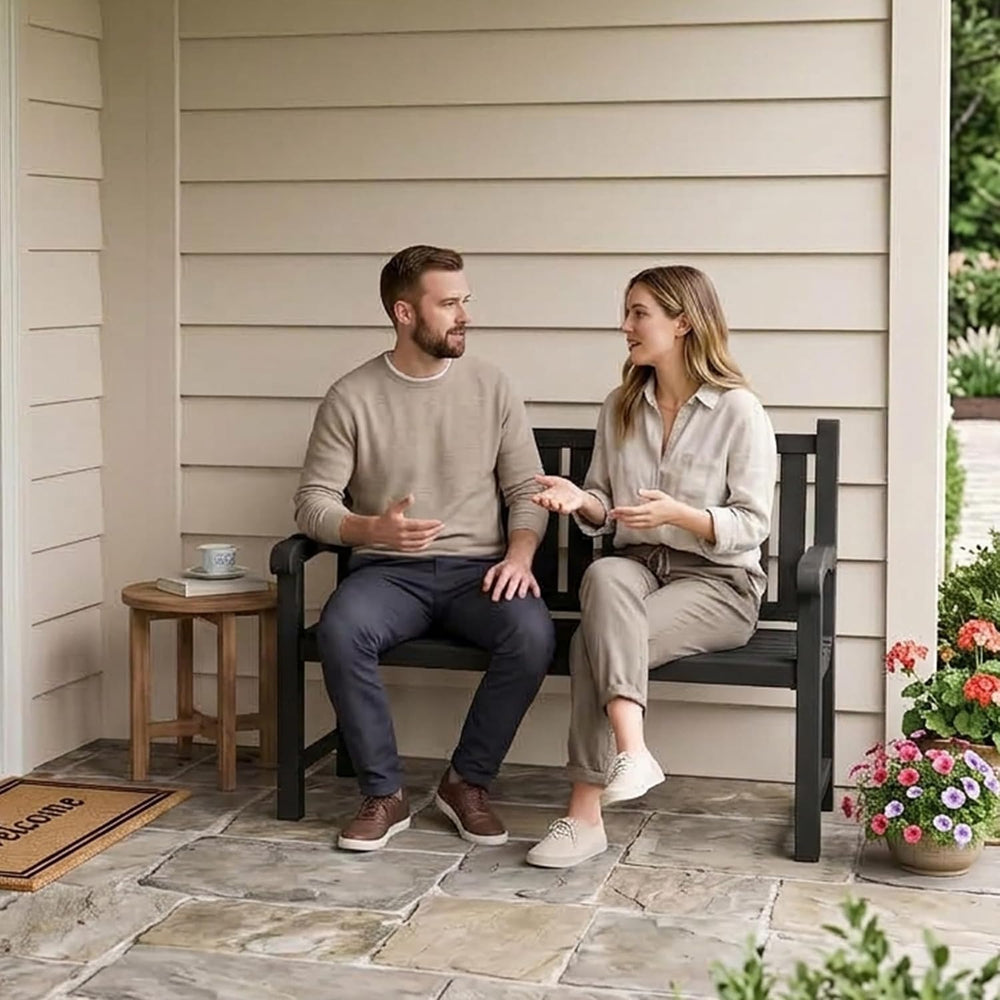 Weatherproof Resin Outdoor Garden Bench, 2-Seater,Classic Black