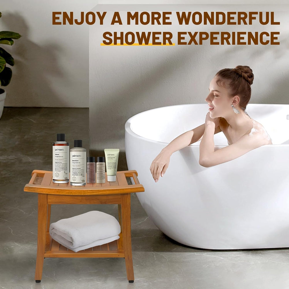 20" Premium Teak Shower Bench with Shelf & Handle, Solid Teak Shower...