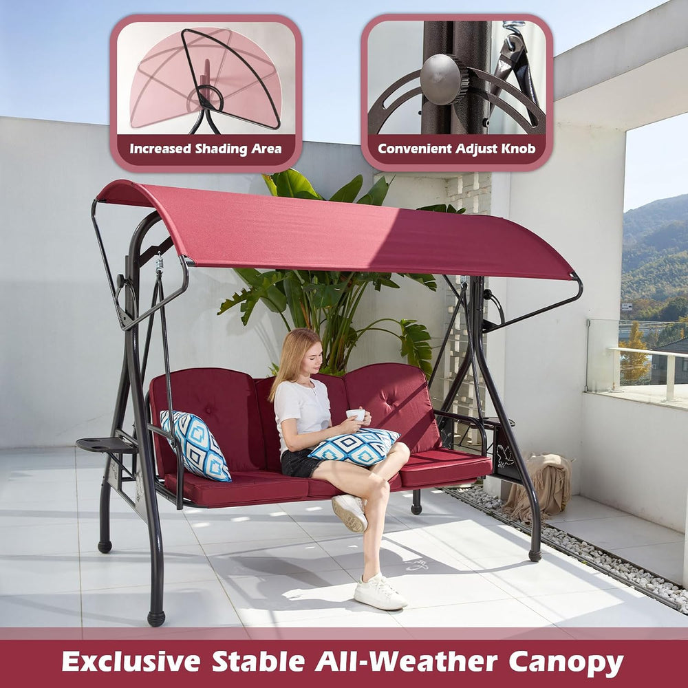 ZZW 800LBS Patio Swing with Canopy 3 Seat Outdoor Porch Swing with Stand w/Cu...