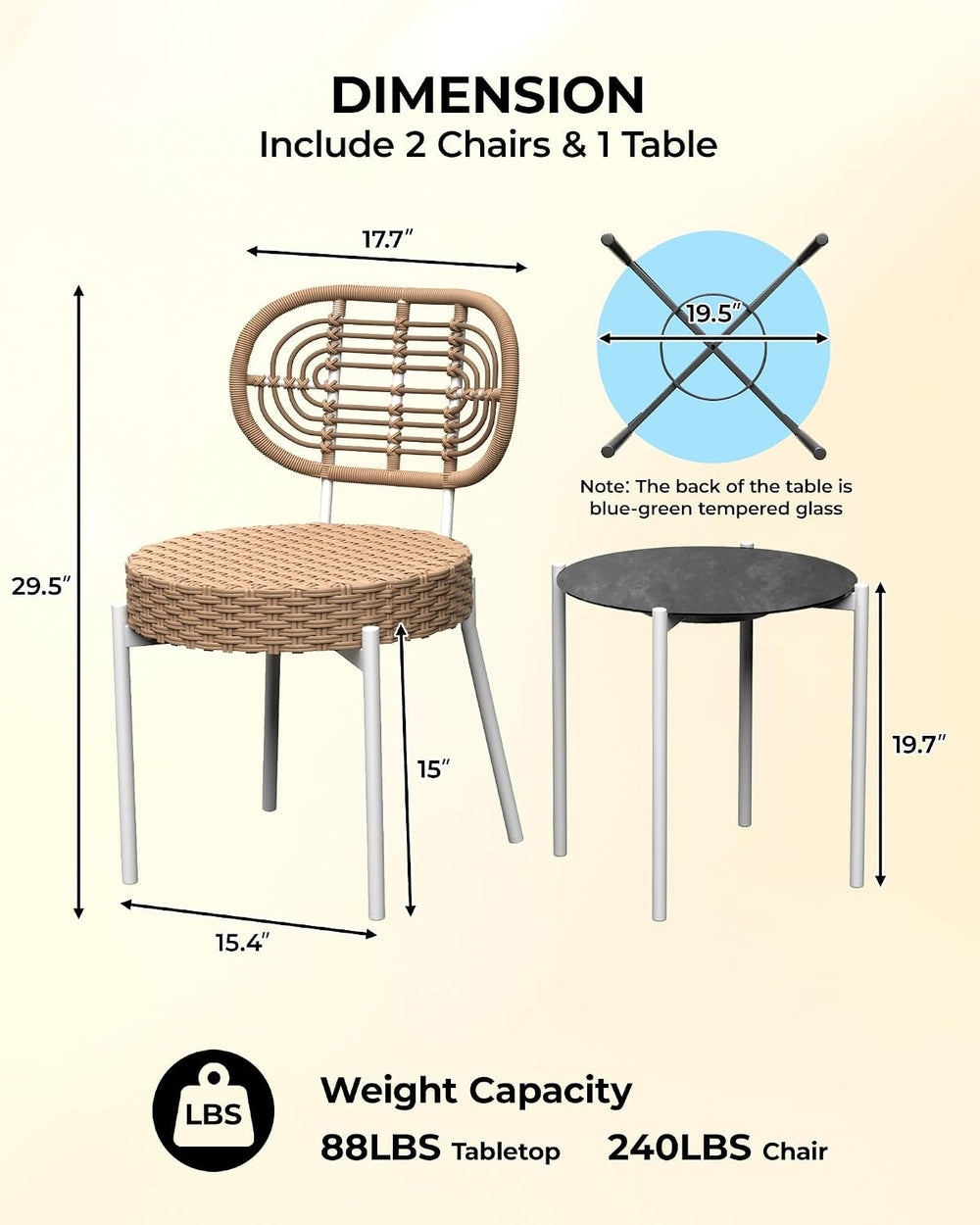 GarveeLife 3 Piece Wicker Patio Bistro Furniture Set, Outdoor Dining Chairs, ...