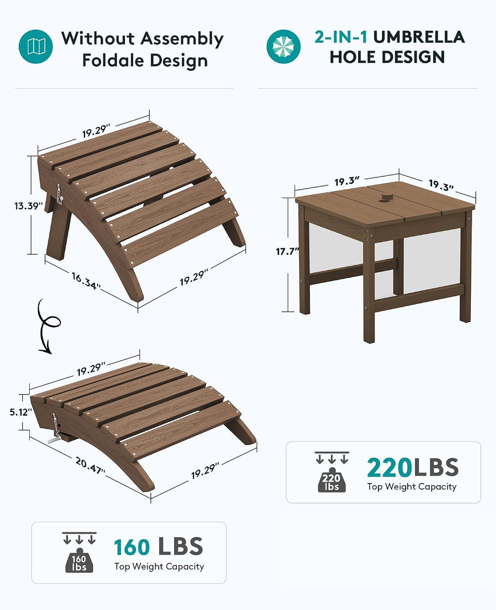 SERWALL 5-Piece HDPE Adirondack Chair and Ottoman and Table Set, Brown