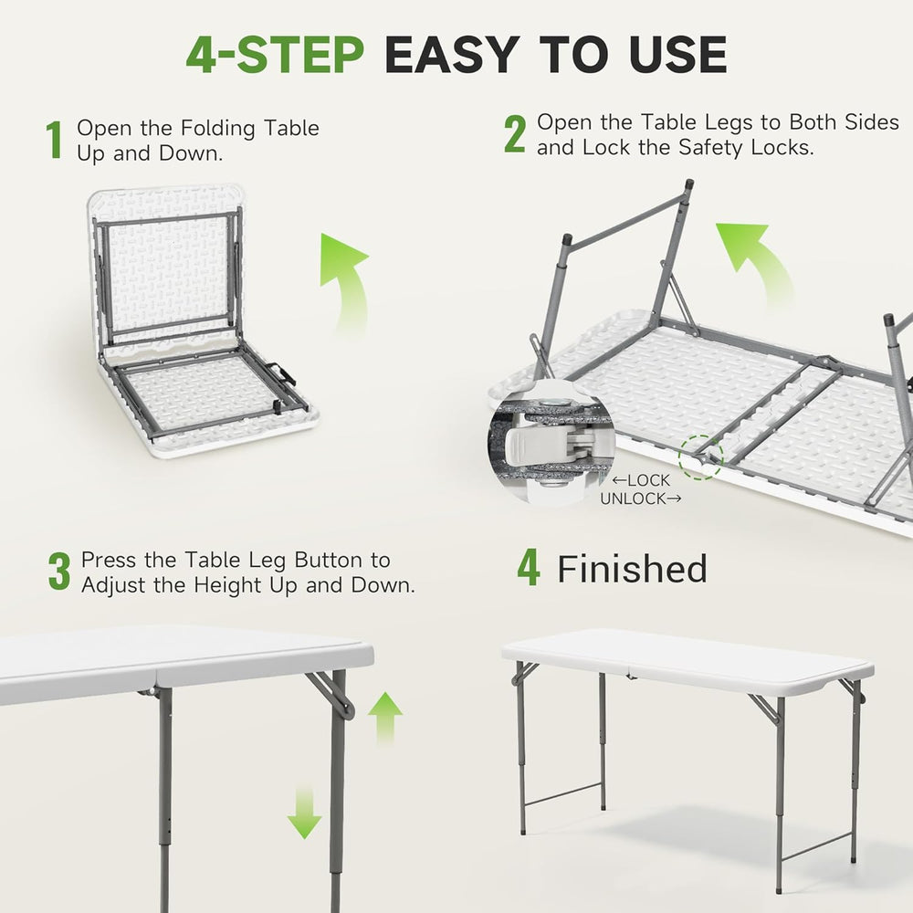 Folding Table 4 Foot - 3-Position Adjustable Height, Heavy Duty 400 lbs Capac...