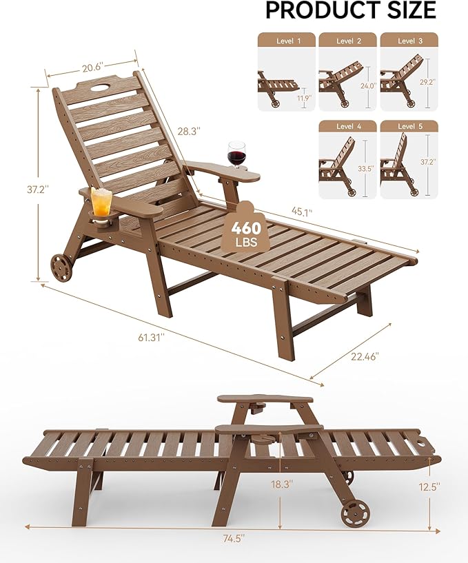 Carauci Lounge Chair Outdoor Set of 4, HDPE Chaise Lounge with Wheels, 5-Posi...