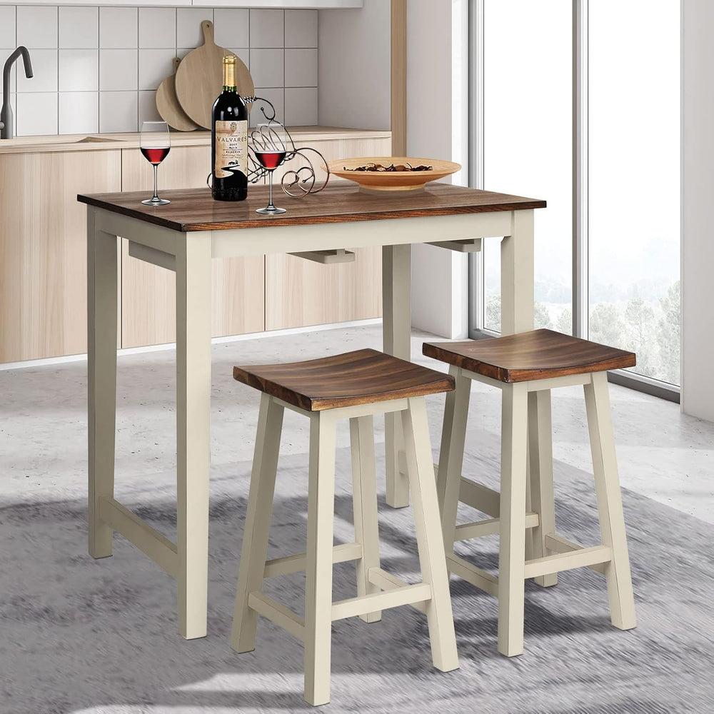 COSTWAY 3 Pieces Dining Set, Counter Height Pub Table with 2 Saddle Stools