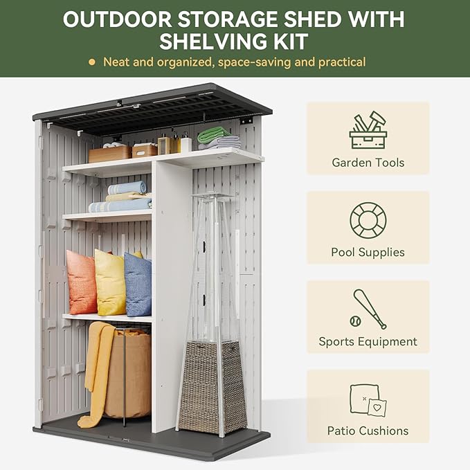 Aoxun Outdoor Resin Storage Shed with Metal Shelving Kit & Floor, 64 Cu.F...