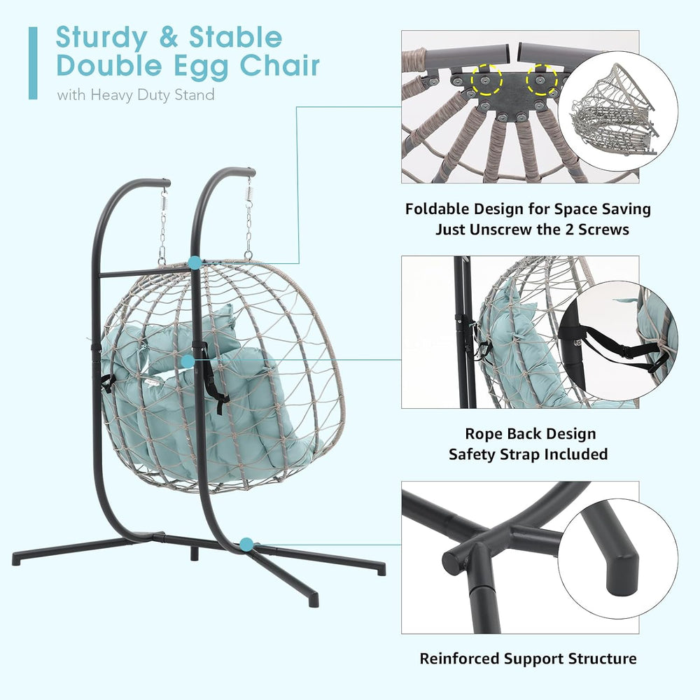 Patiorama 2 Person Double Egg Swing Chair with Stand, Wicker, Light Blue