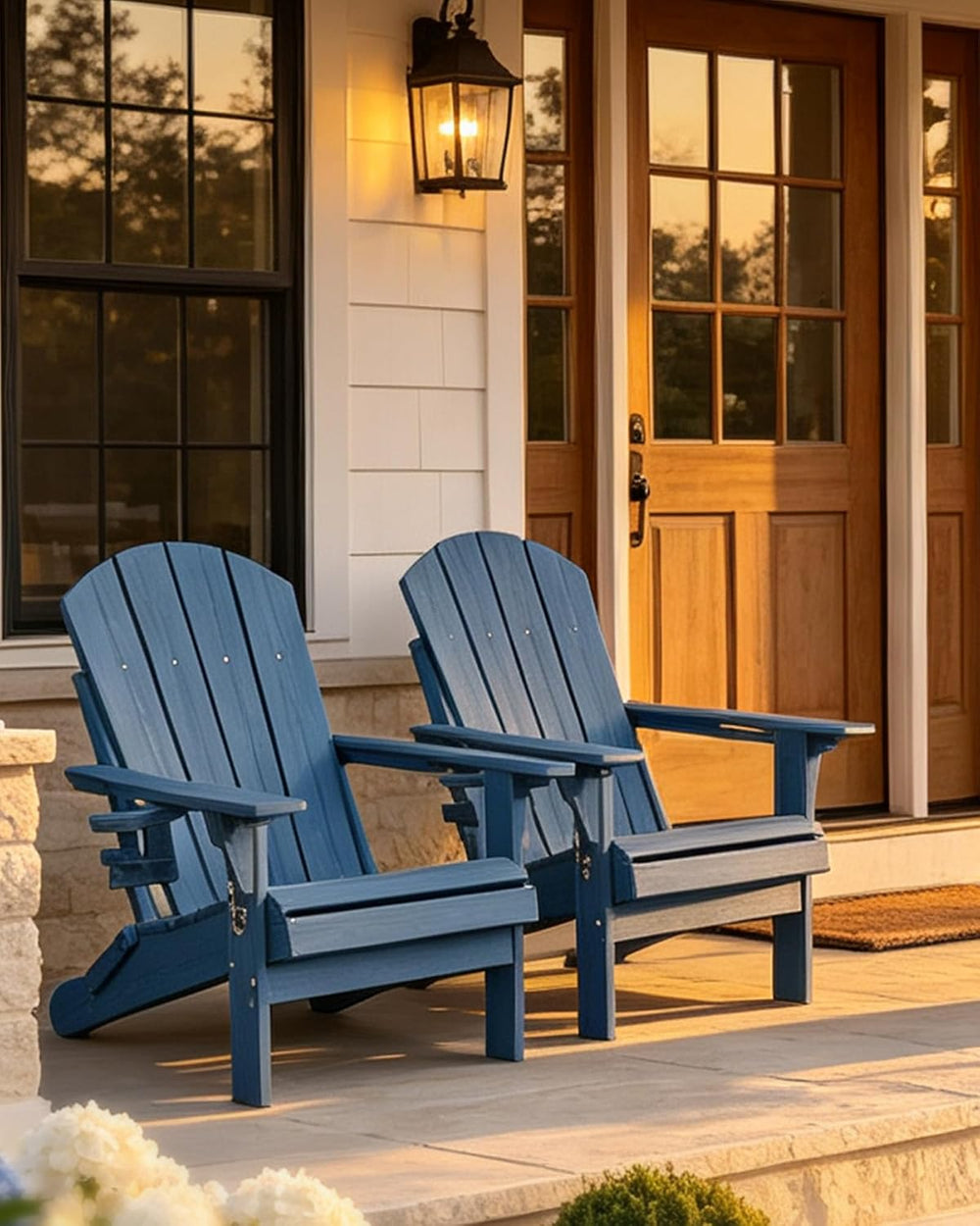 PLUUV Adjustable Folding Adirondack Chairs Set of 2 with Cup Holders, Navy