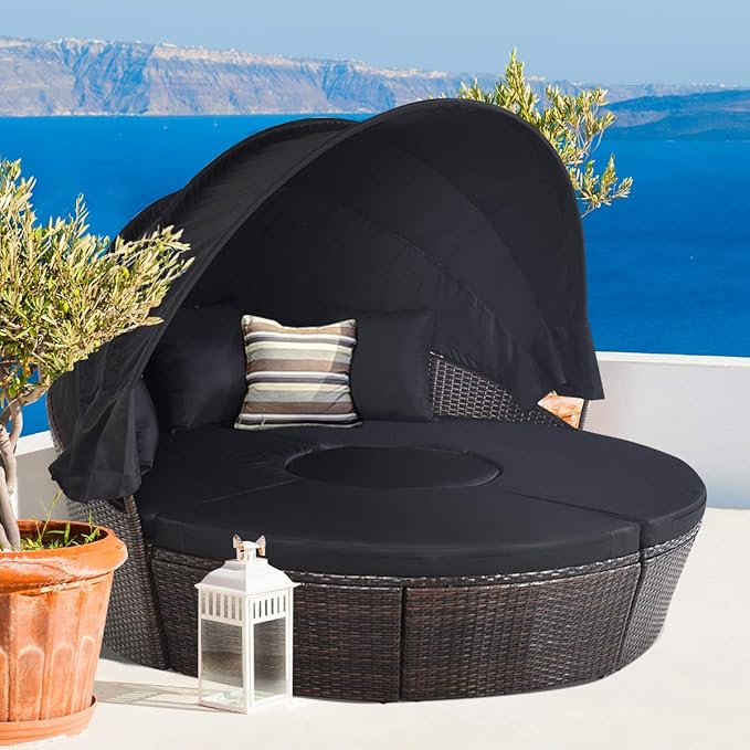 Tangkula Patio Round Daybed with Retractable Canopy, Outdoor Wicker Rattan Fu...