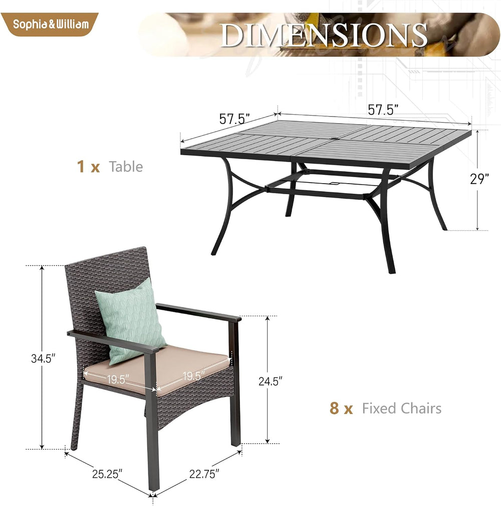 Sophia & William 9pc Square Patio Dining Set for 8, Rattan Chairs