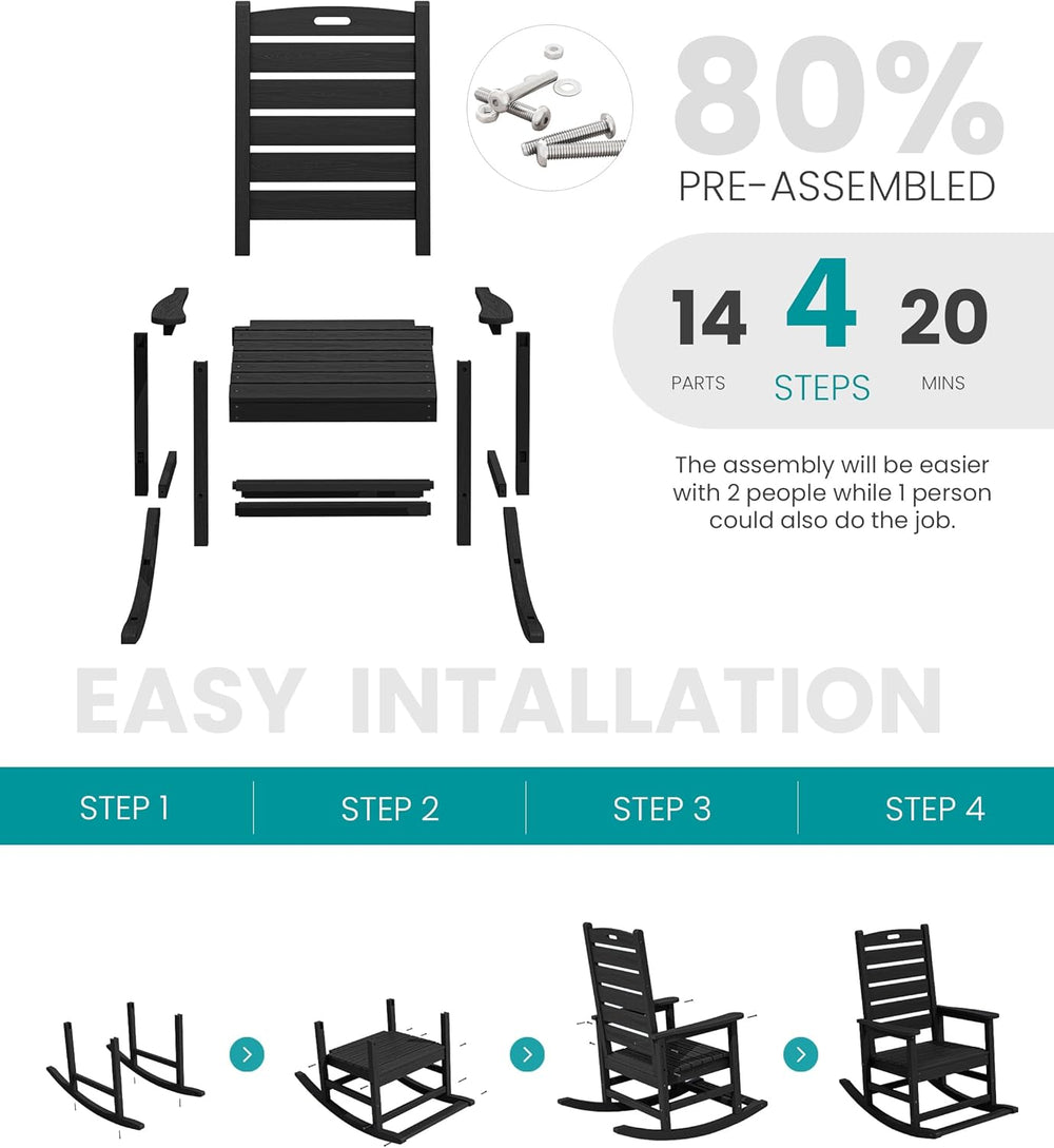 SERWALL Outdoor Rocking Chair Set of 2, Oversized HDPE Rocker, Black
