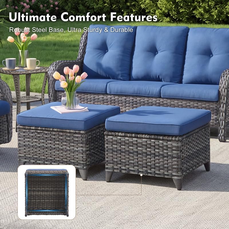 8 Piece Outdoor Wicker Conversation Set Furniture with Swivel Chairs, Blue
