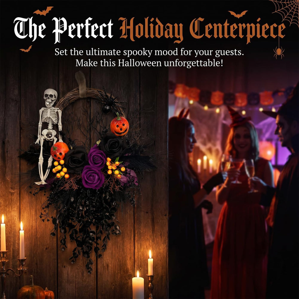Halloween Wreath for Front Door 16" Dark Gothic Skull Spooky Decor
