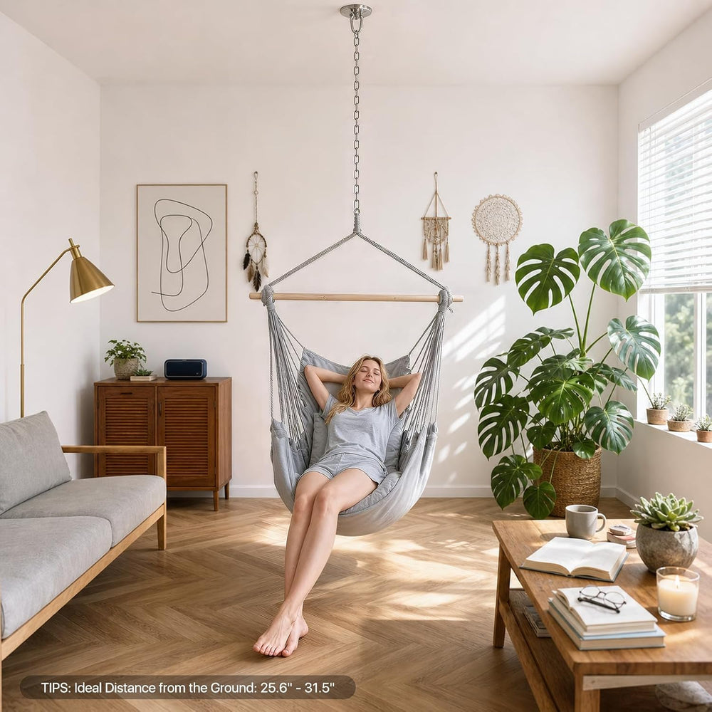 Athena Collection Hammock Chair Hanging Rope Swing, Gray