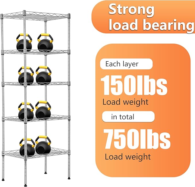 BestOffice | 5-Tier Wire Storage Shelves | 17x12x48 | Chrome | with Adjustabl...