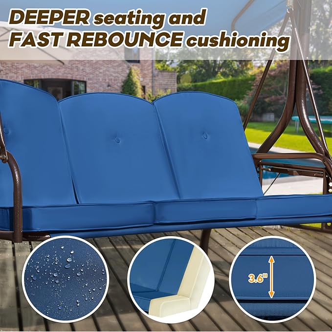 3 in 1 Outdoor Porch Swing with Adjustable Canopy, 3 Seat Outdoor Swing for A...