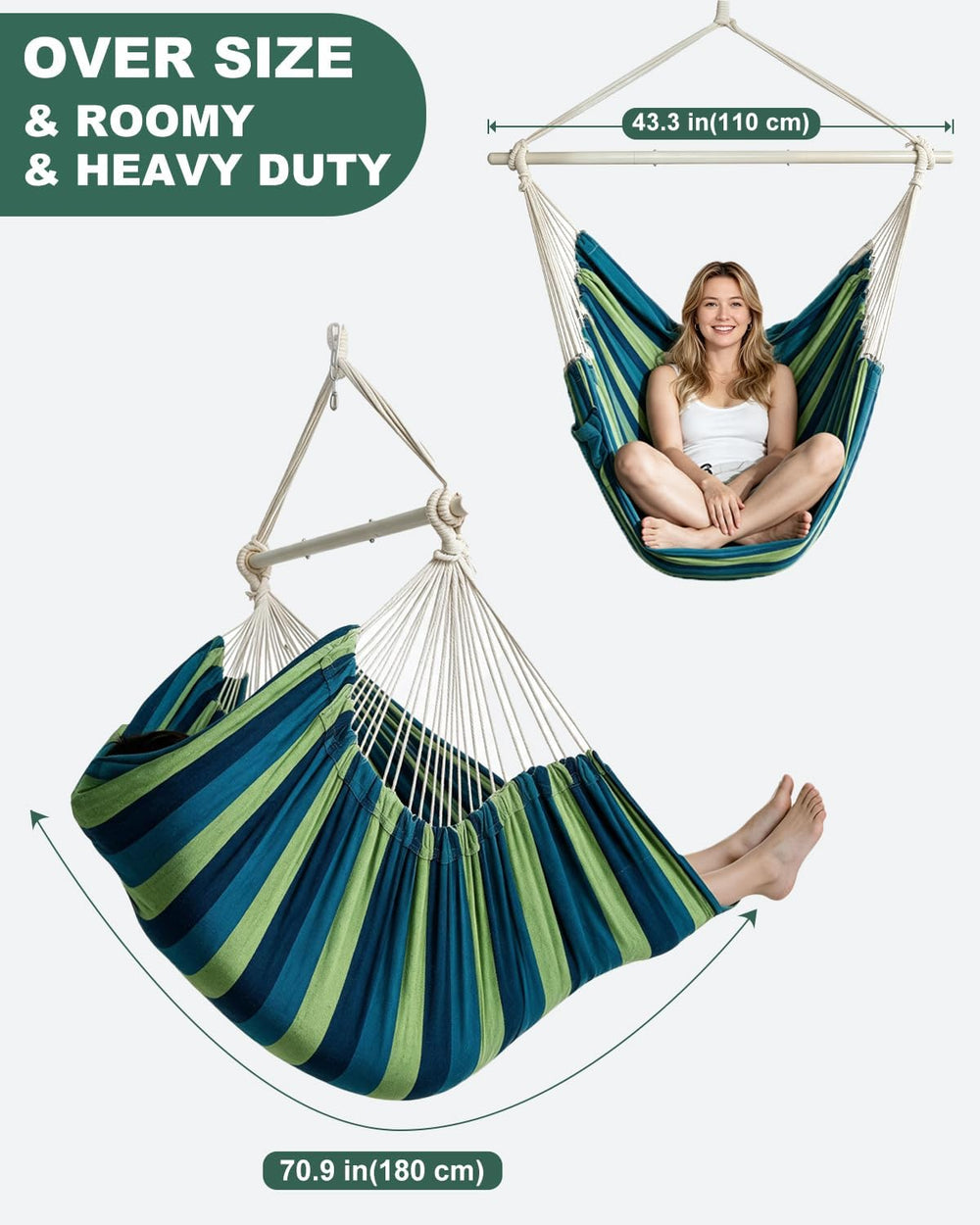 Lulladle 70.9"L XXL Hammock Chair Swing w/2 Cushions & Hardware Kit,...