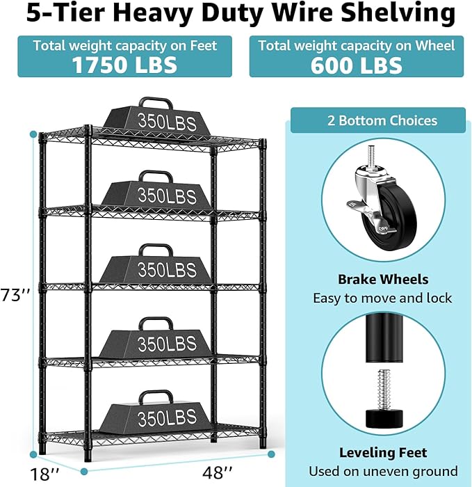 5-Shelf Storage Shelves,Wire Shelving Heavy Duty Metal Storage Shelving Unit ...