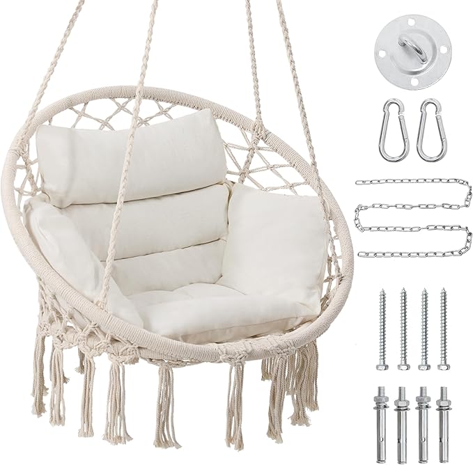 Macrame Hammock Hanging Swinging Chair with Medium Cushion, Perfect for Bedro...