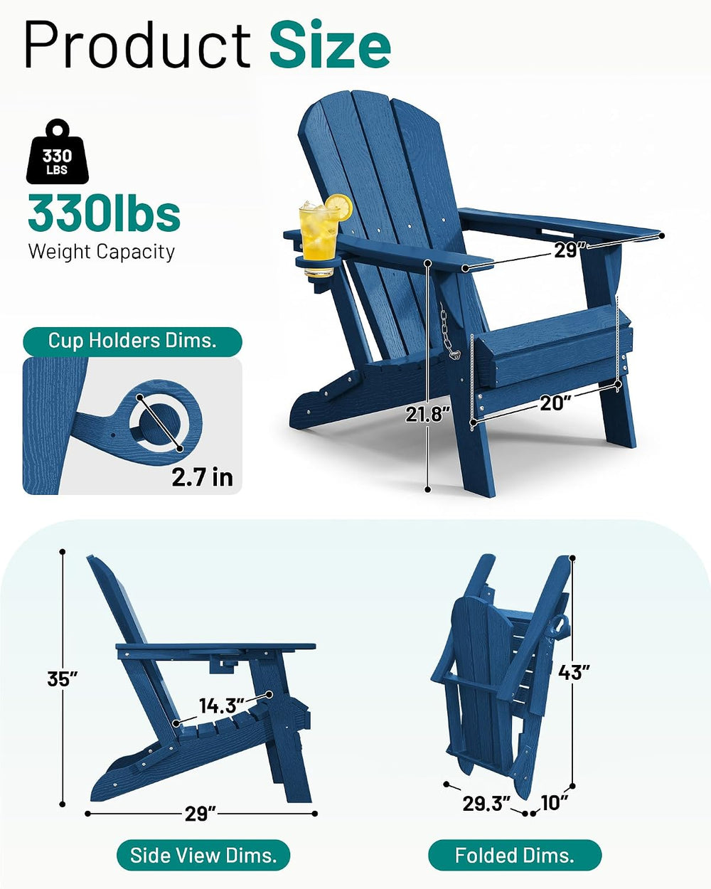 PLUUV Folding Adirondack Fire Pit Chairs Set of 2 with Cup Holders,Navy