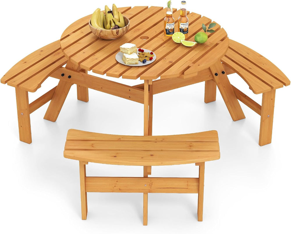 GIANTEX 6-Person Round Picnic Table Set with 3 Benches, 550 LBS Bench Capacit...