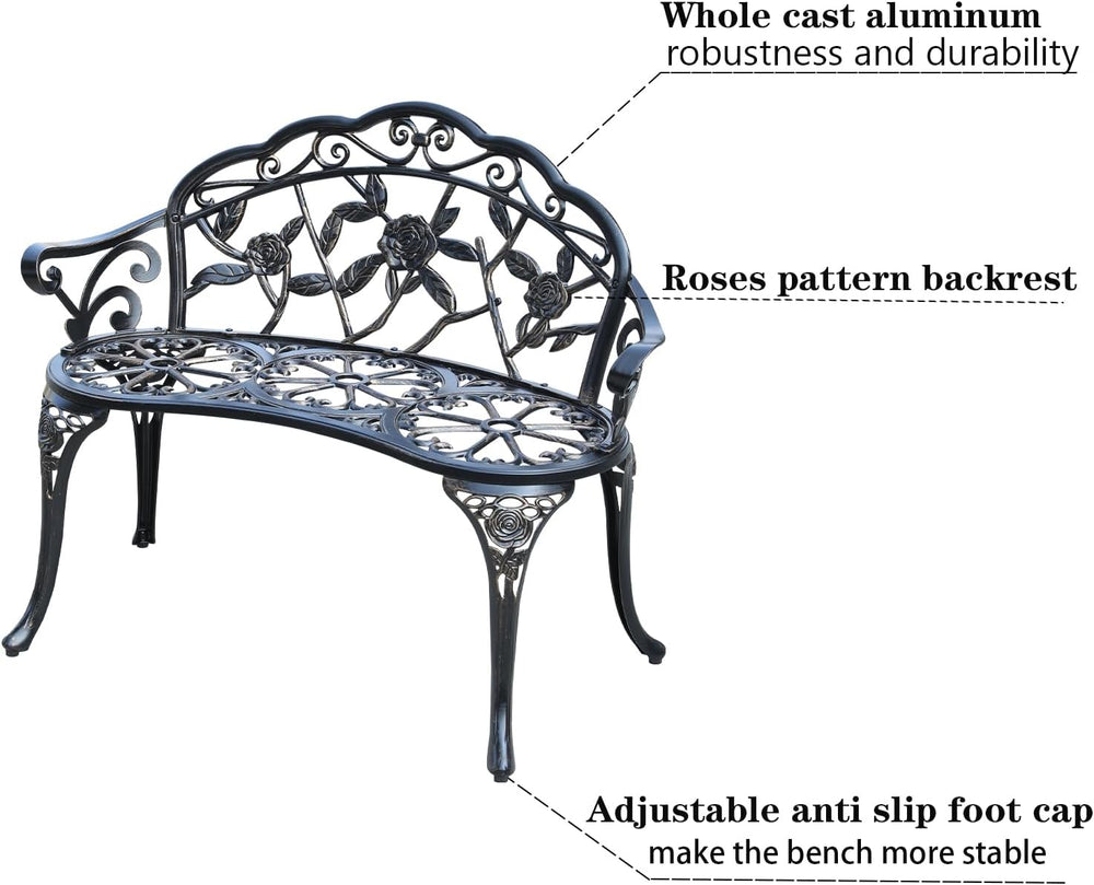 Cast Aluminium Outdoor Bench, Rose Garden Bench for Patio,Park,Lawn,Yard(Bronze)
