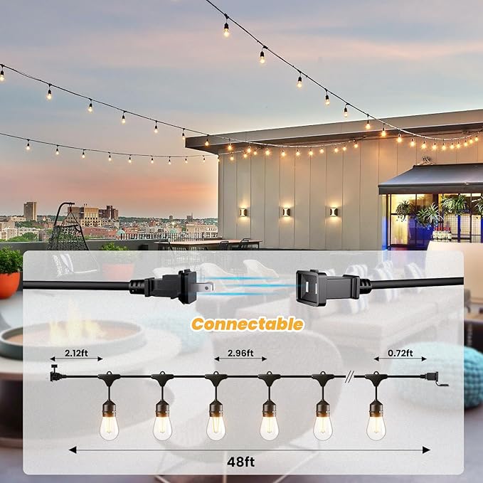 Svater 48 FT Outdoor String Lights 2W, Commercial Grade Patio Light with 15 p...