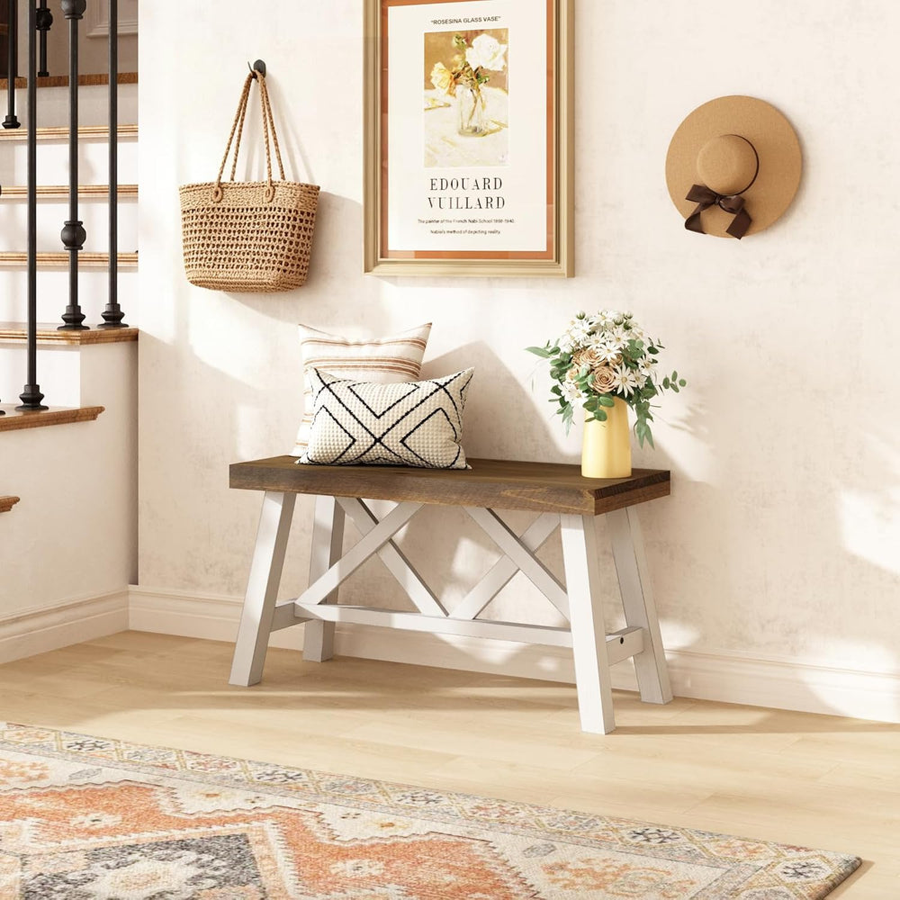 Wnutrees 30" Farmhouse Solid Wood Bench, Rustic Entryway Bench, White