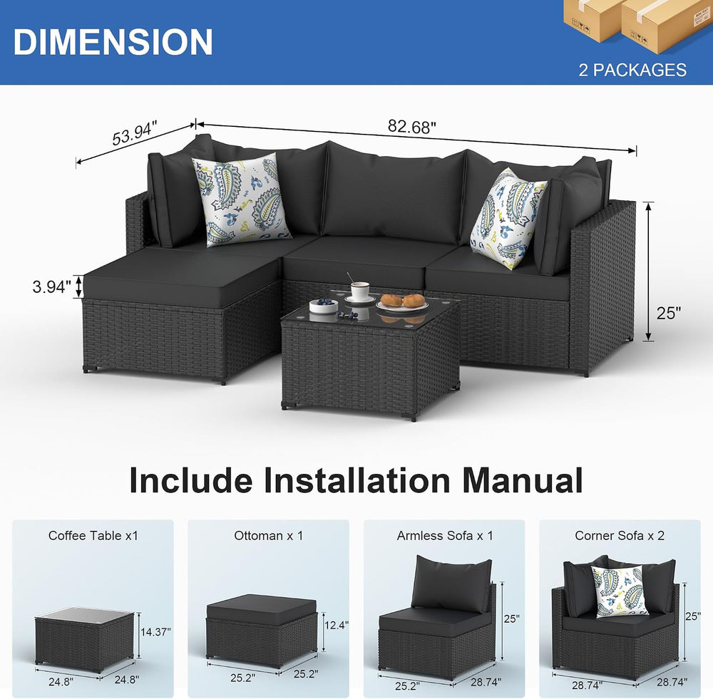 Patio Furniture Set, 5PCS Outdoor Sectional w/ Ottoman & Cushion, Black