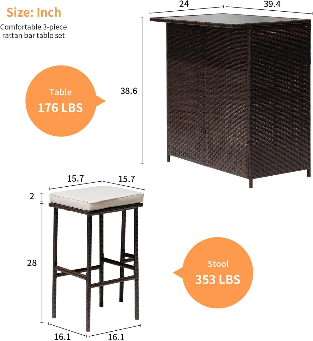 Wicker Patio Furniture 3 Piece Patio Bar Table Set Chairs Wicker Outdoor Ratt...