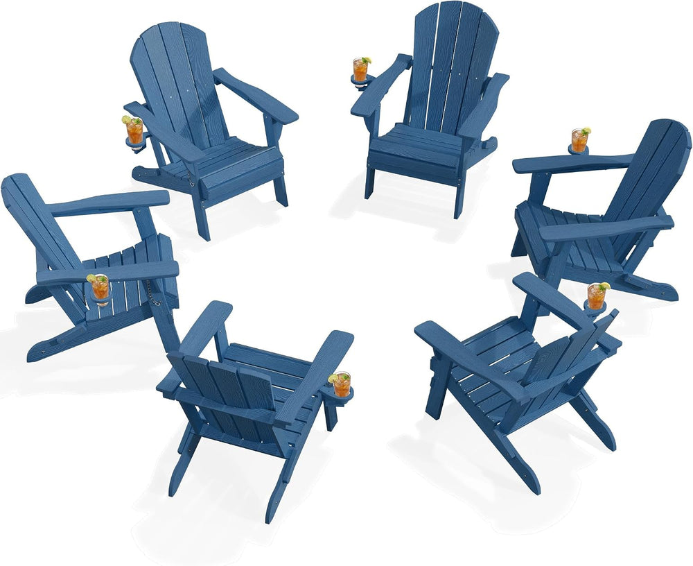 PLUUV Adirondack Chair Set of 6, Fire Pit Chairs with Cup Holder, Navy