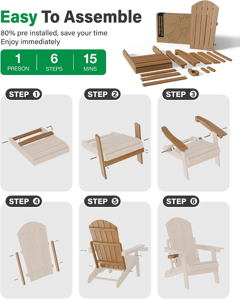 YEFU Adjustable Adirondack Chair with Footrest,All-Weather, Set of 2,Walnut