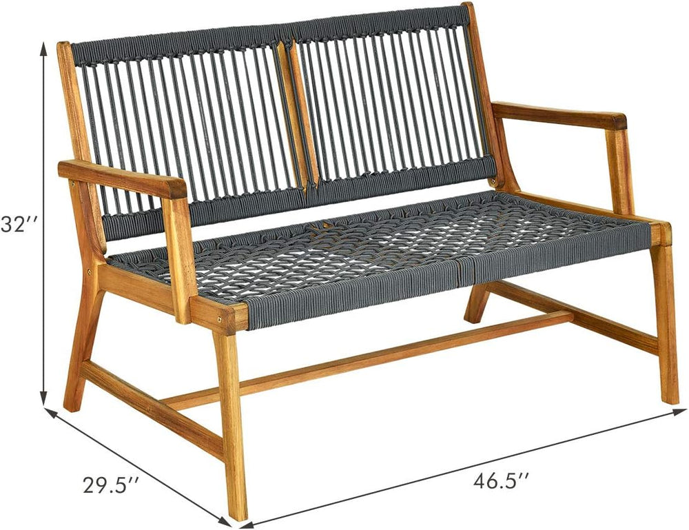 Tangkula 2-Person Patio Acacia Wood Bench Loveseat, Outdoor Patio Rope Bench ...