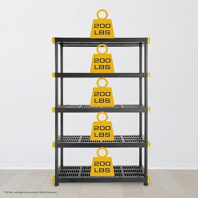 CX Black & Yellow, 5-Tier Heavy Duty Plastic Storage Shelves that Support...