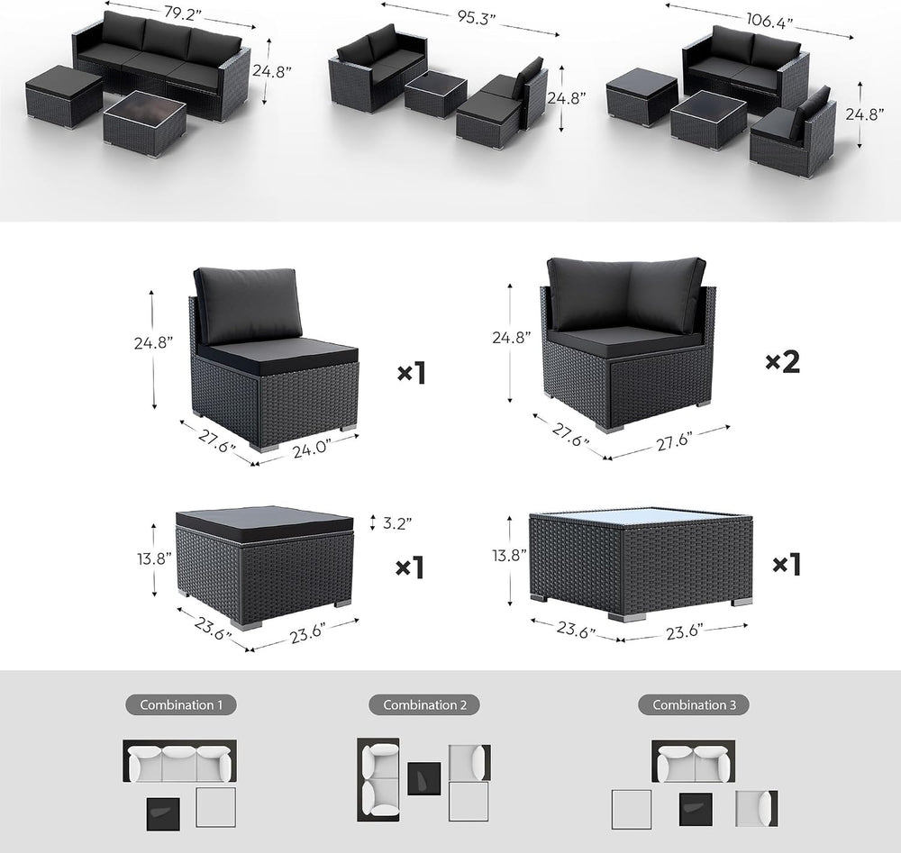 WWR Patio Furniture Set 5 Piece - Wide Armrests - All-Weather Wicker Rattan O...