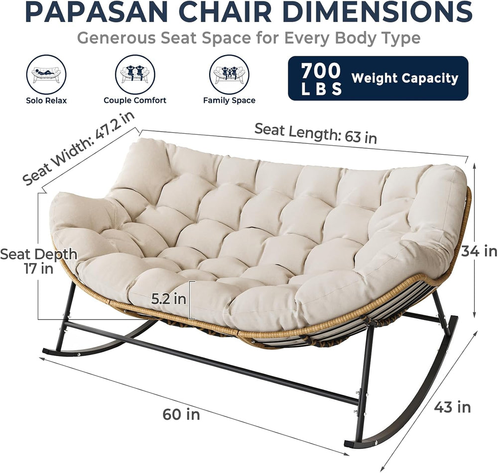 SWITTE Double Outdoor Papasan Rocking Chair with Thick Cushion, Khaki