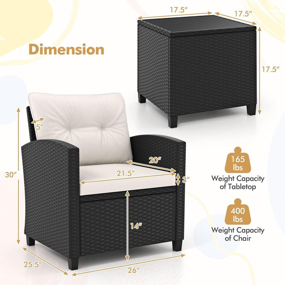 RELAX4LIFE 3-Piece Patio Furniture - Wicker Rattan Bistro Sofa Set w/Glass To...