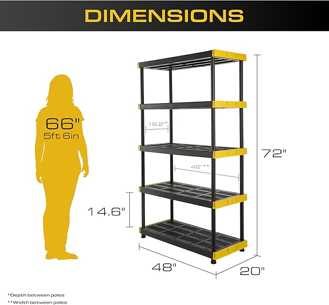 CX Black & Yellow, 5-Tier Heavy Duty Plastic Storage Shelves that Support...