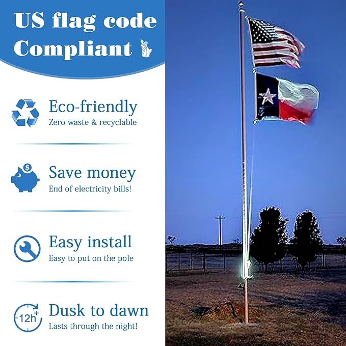 Solar Flag Pole Light 3 Super-Spotlights LEDs, Adjustable Metal Clamps Fits 2...